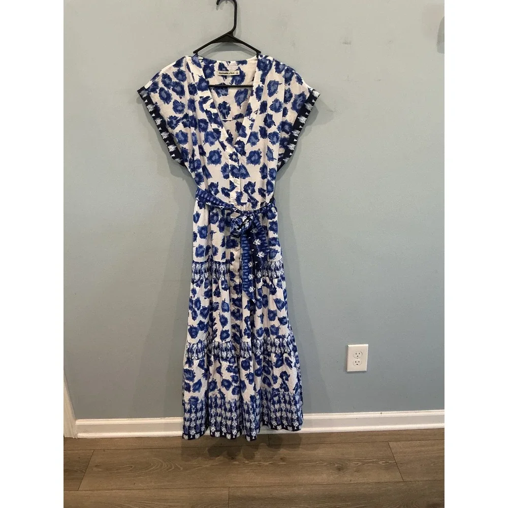 Abercrombie & Fitch Womens Tiered Poplin Maxi Dress S Blue Euro Summer Fall